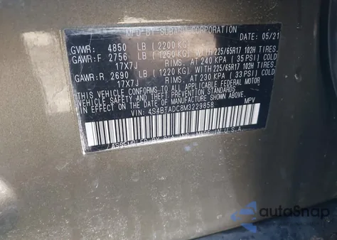 2021 Subaru Outback Premium z USA, uszkodzony, nr VIN 4S4BTADC8M3229858